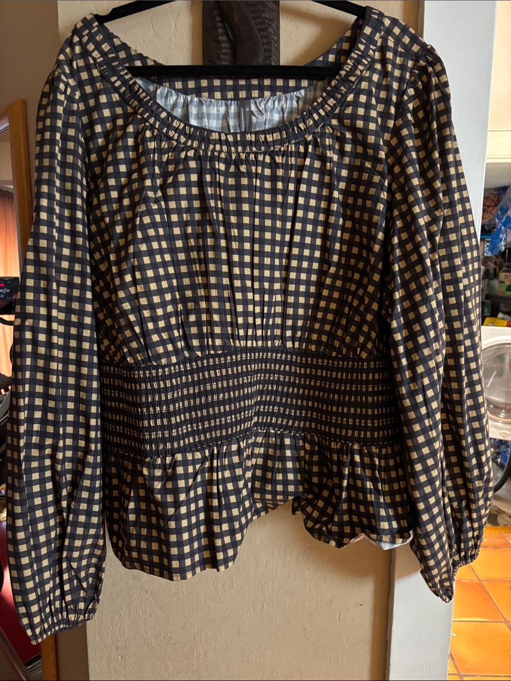 Anthropologie 3X 100% cotton Checkered Long-Sleeve Peplum Top in Black and Tan